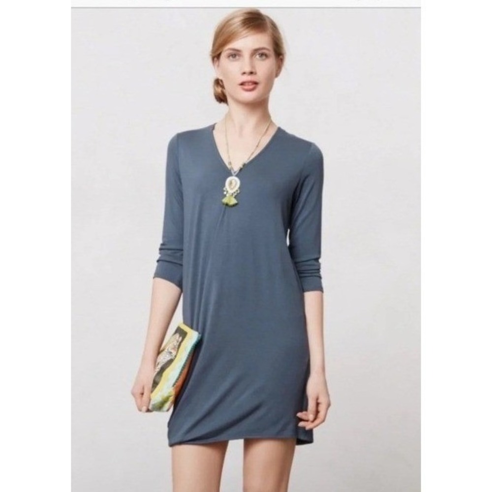 Meadow Rue Anthropologie Blue V-Neck Pleated Twist Hem Knit Dress Size Small